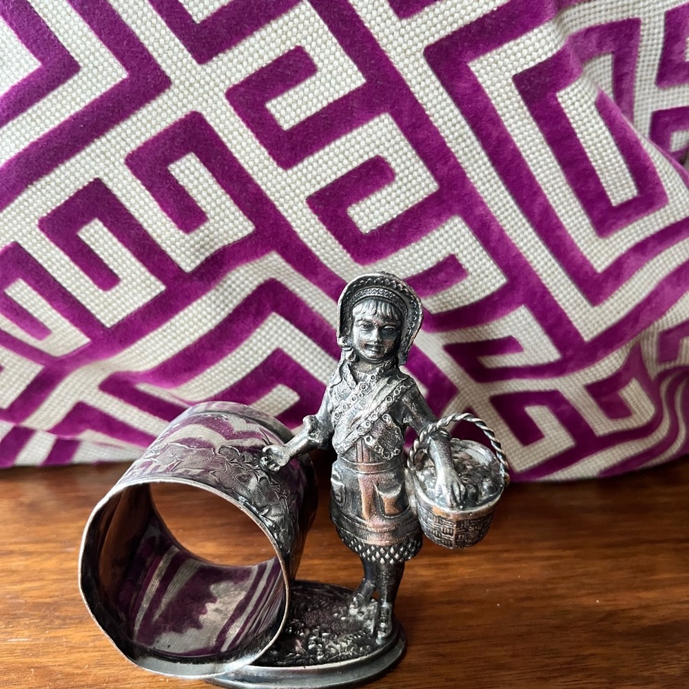 Victorian Silver Figural Napkin Ring Holder with Girl and Basket